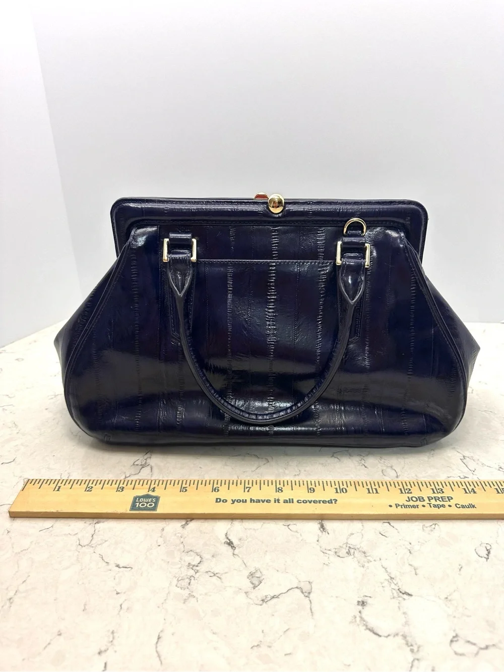 Brahmin Layla Dark Blue Structured Bag Embossed Eel Print Leather Magnetic Close